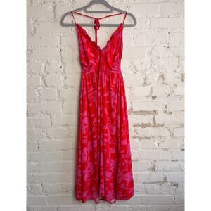 Cupshe Red Pink Floral Midi Dress Small Tie Back Boho Summer Flowy Pockets Beach